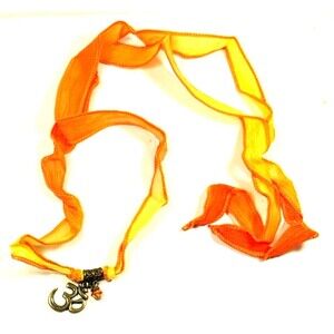 Orange Crinkle Chiffon Ribbon Lanyard Necklace with dold Tone Dangle Charms